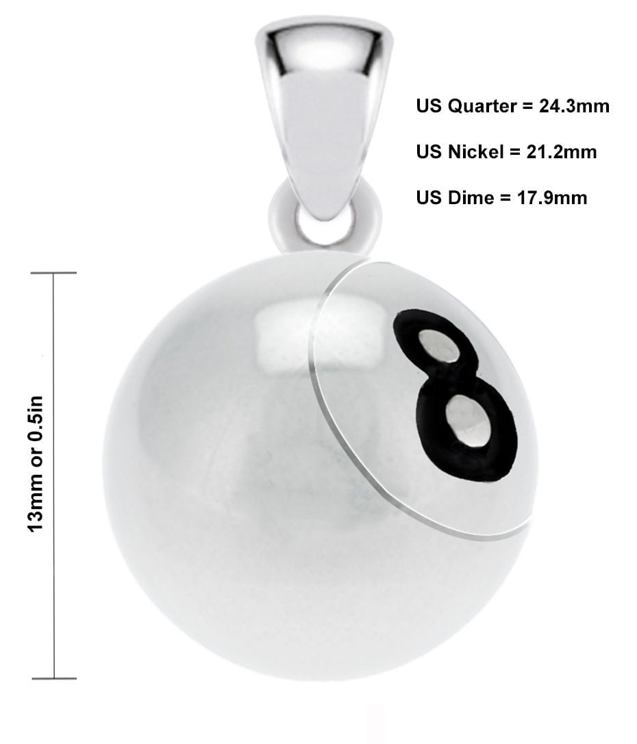 18in to 24in US Jewels Ladies 925 Sterling Silver 3D Small 13mm Eight 8 Ball Billiards Sports Pendant Necklace