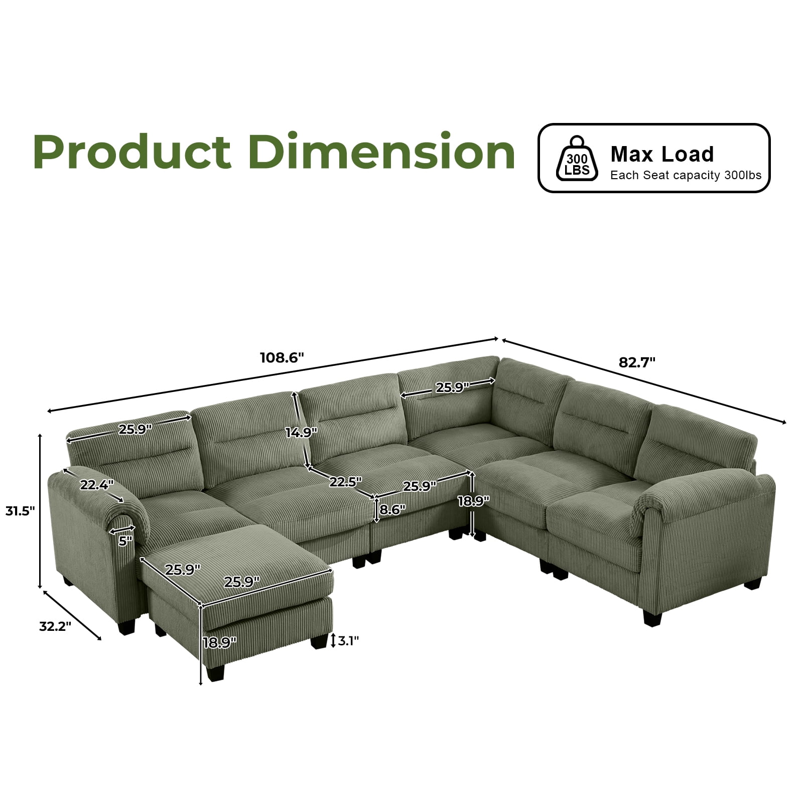 Bonzy Home Convertible Sectional Sofa Couch for Living Room With Ottoman Green