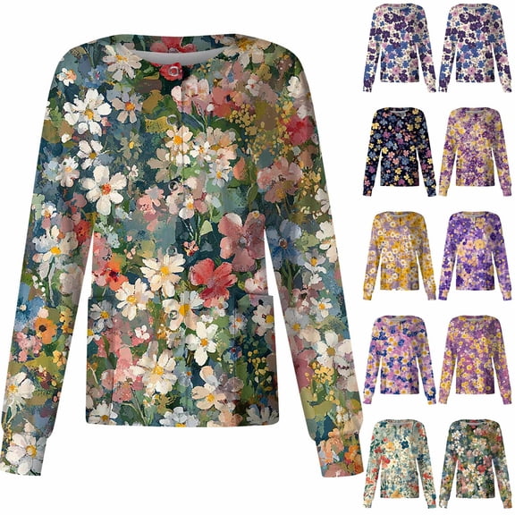 Women's Oil‑Painting Style Floral Print Snap‑Front Scrub Cardigan, Long Sleeve Round Collar Work Jacket with Pockets for Nursing Healthcare Uniform 2XL