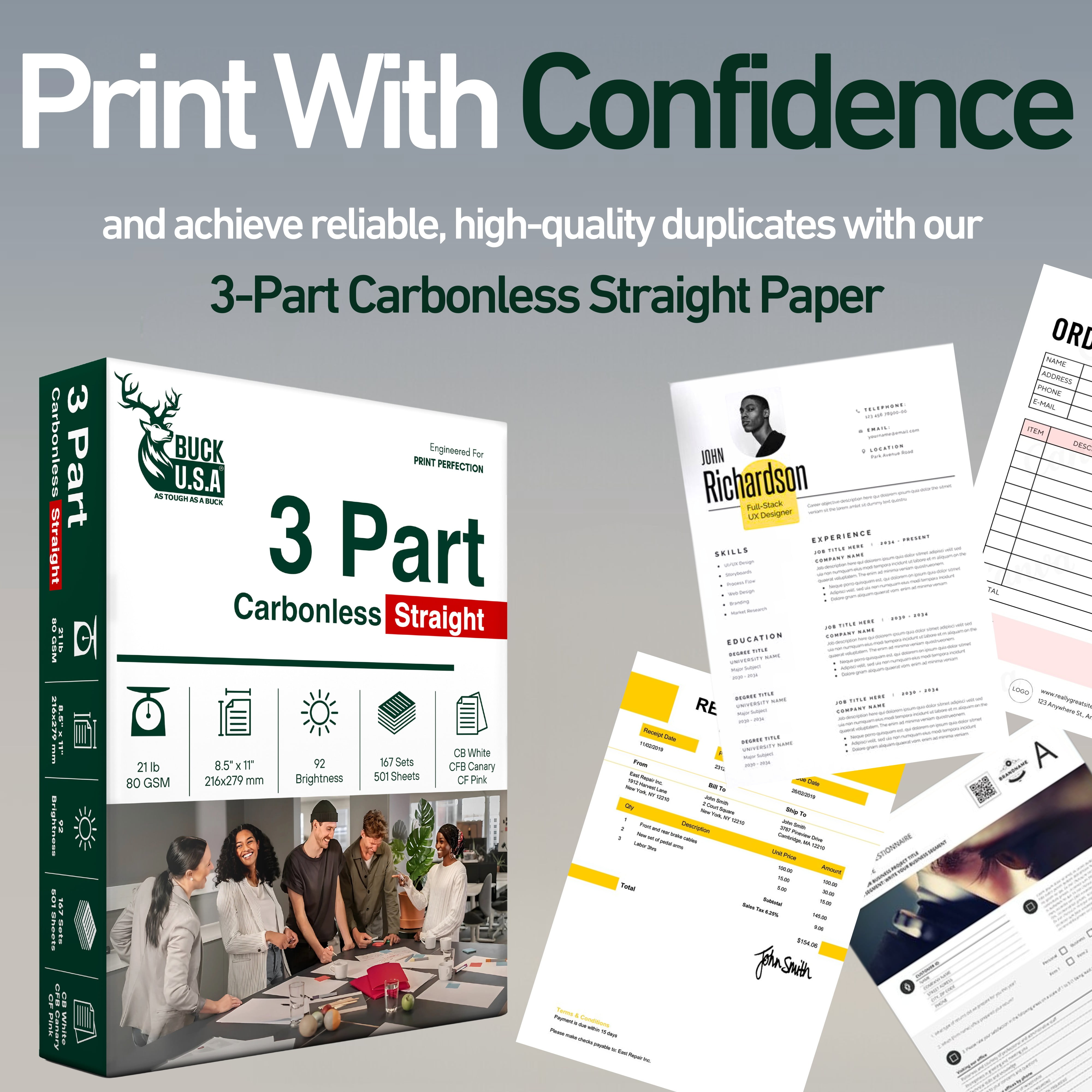 Buck 3 Part Straight Digital Carbonless NCR Paper, 8.5"x11" Collated Paper, Pallet, 320 Ream, 200400 Sheets, CB White/CFB Canary/CF Pink - Ideal for Laser & Digital Printers & Perfect for Duplicates