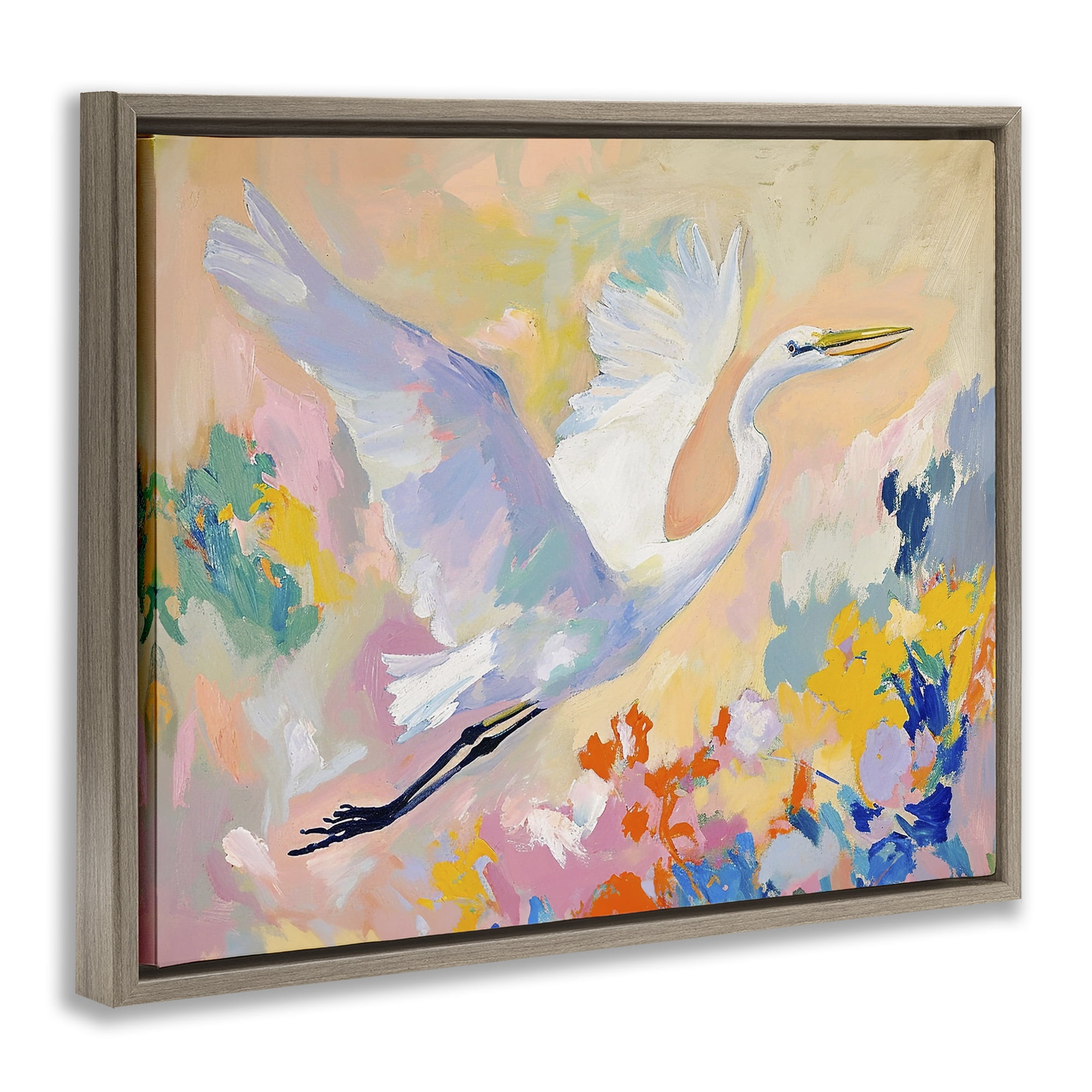 Stupell Industries Heron & Abstract Botanicals Animals & Insects Painting Brown Floater Framed Canvas Art Print Wall Art, 31 x 25