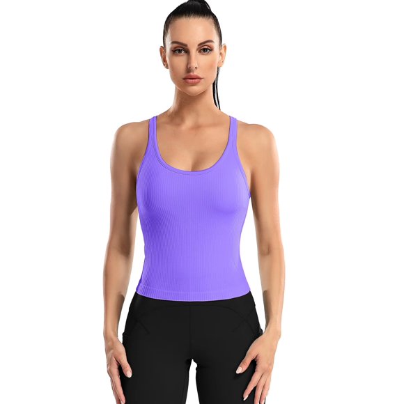 Charmo Women's Scoop Neck Ribbed Tank Tops Slim Straps Cropped Tops Built in Bra