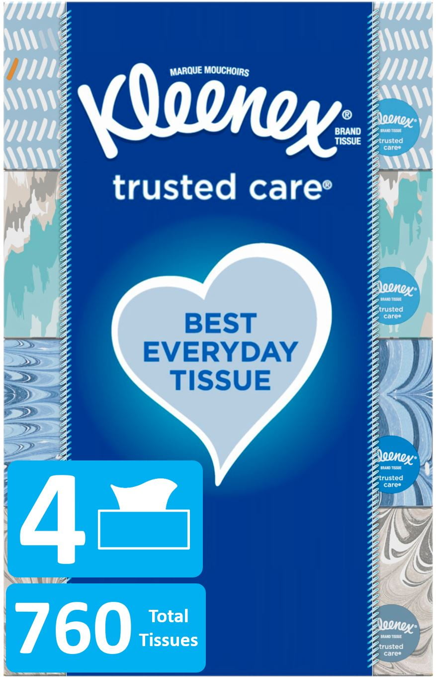 Kleenex Trusted Care Everyday Facial Tissues, 4 Flat Boxes, 190 Tissues