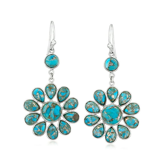 Ross-Simons Turquoise Flower Drop Earrings in Sterling Silver, Women's, Adult