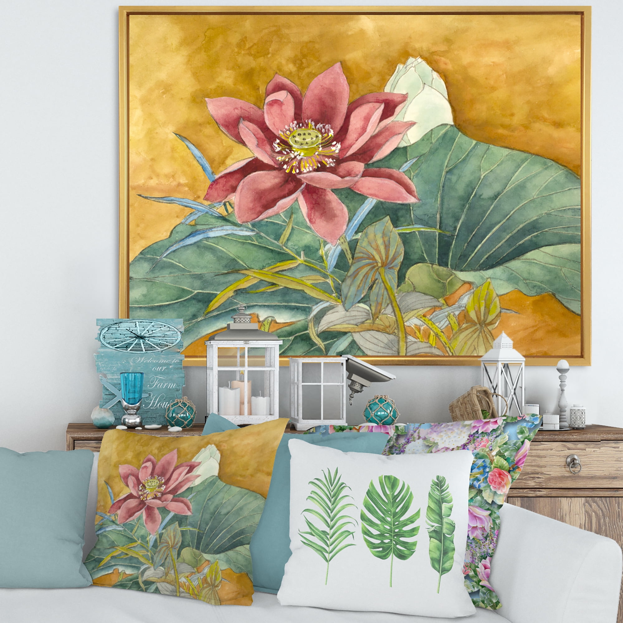 Designart 'Ancient Impression of Pink Lotus' Traditional Framed Canvas Wall Art Print