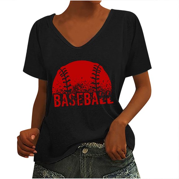 Summer Saving Wycnly Womens Shirts V-Neck Short Sleeve Baseball Letter Print Summer Cute Tops Mother's Day Plus Size Breathable Comfy Pullover Blouses Black xxl Clearance Clothes
