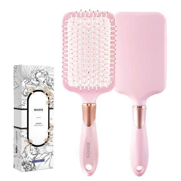 RHOS Cepillo de paleta para mujeres y hombres – Desenredante para cabello grueso, rizado, largo, húmedo y seco – Cepillo cuadrado de cerdas de nailon para alisar y desenredar (1 paquete – rosa)