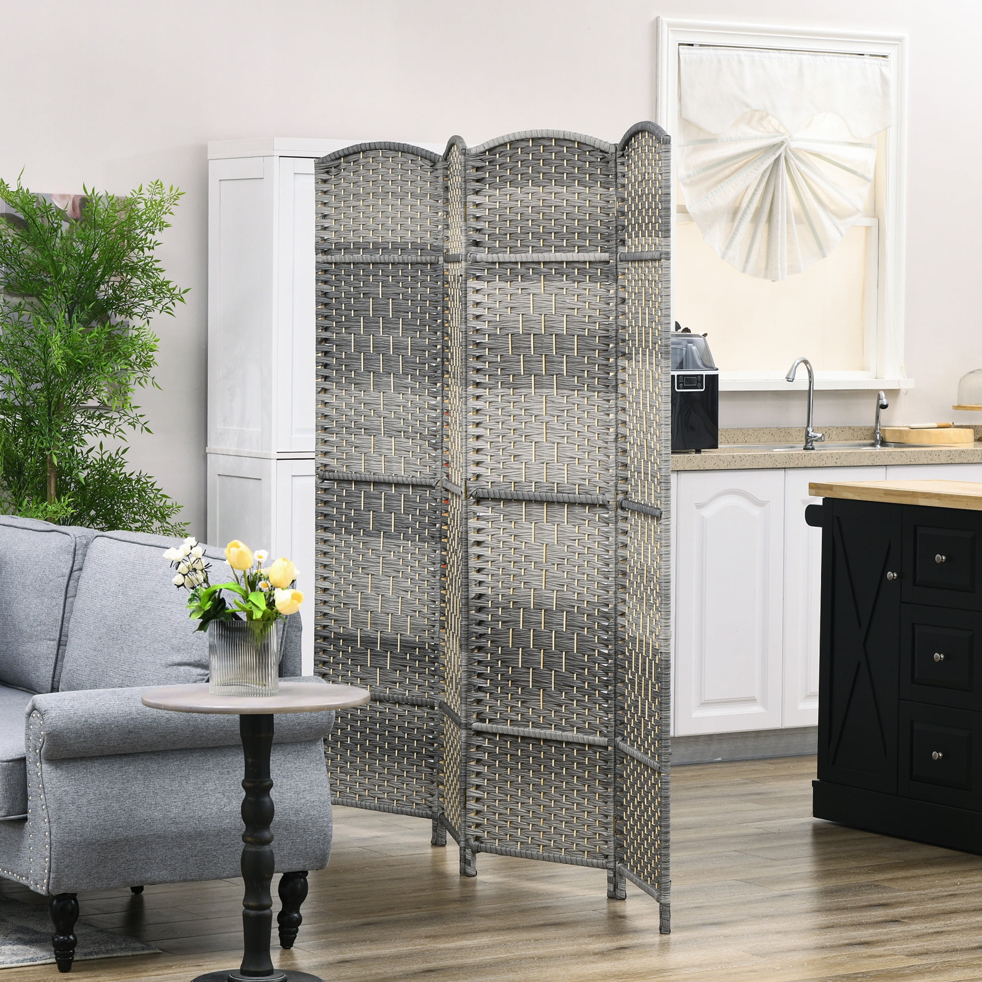 6' Tall Gray Room Divider - Hand-Woven Folding Privacy Screen for Home & Office
