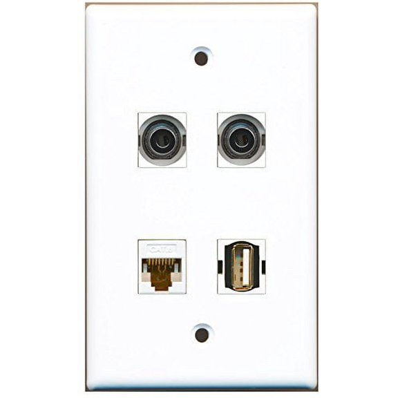 RiteAV - 1 Port USB A-A 2 Port 3.5mm 1 Port Cat6 Ethernet White Wall Plate