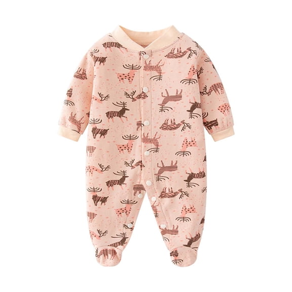 BCSIOAOI Baby Romper,Cotton Long Sleeve Snap-Front Footed Deer Print Romper Pink 0-3 Months