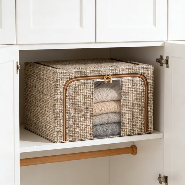 Caja de Almacenamiento de Tela Oxford Apilable Transparente con Estructura de Acero, Organizador de Ropa Plegable con Ventana Frontal, 40x30x20cm, 1 Unidad Gris/Café