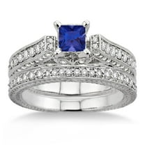 Classic Art Deco Square Shape 2.5 Carat Blue Sapphire And Moissanite Diamond Wedding Ring Antique Bridal Set Engagement Ring on 10k White Gold