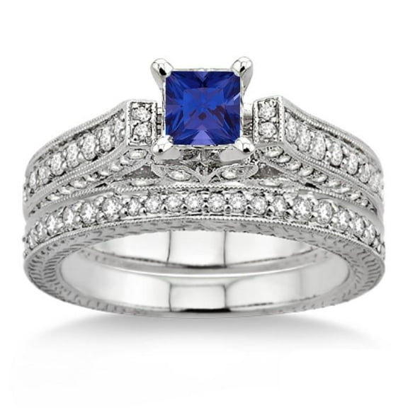Classic Art Deco Square Shape 2.5 Carat Blue Sapphire And Moissanite Diamond Wedding Ring Antique Bridal Set Engagement Ring On 10K White Gold