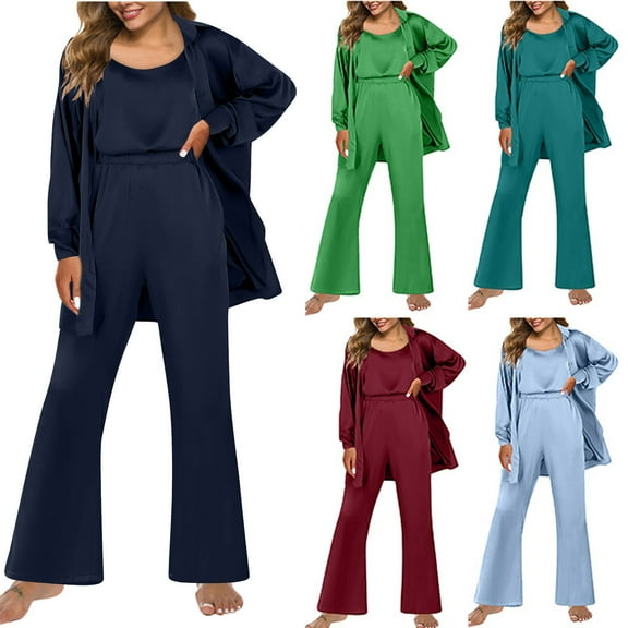 Ashirexll Fuzzy Pajamas for Women, Womens Winter Sets, Silk 3 Piece Pajama Set Satin Camisole Loungewear with Button Cardigan and Loose Pants