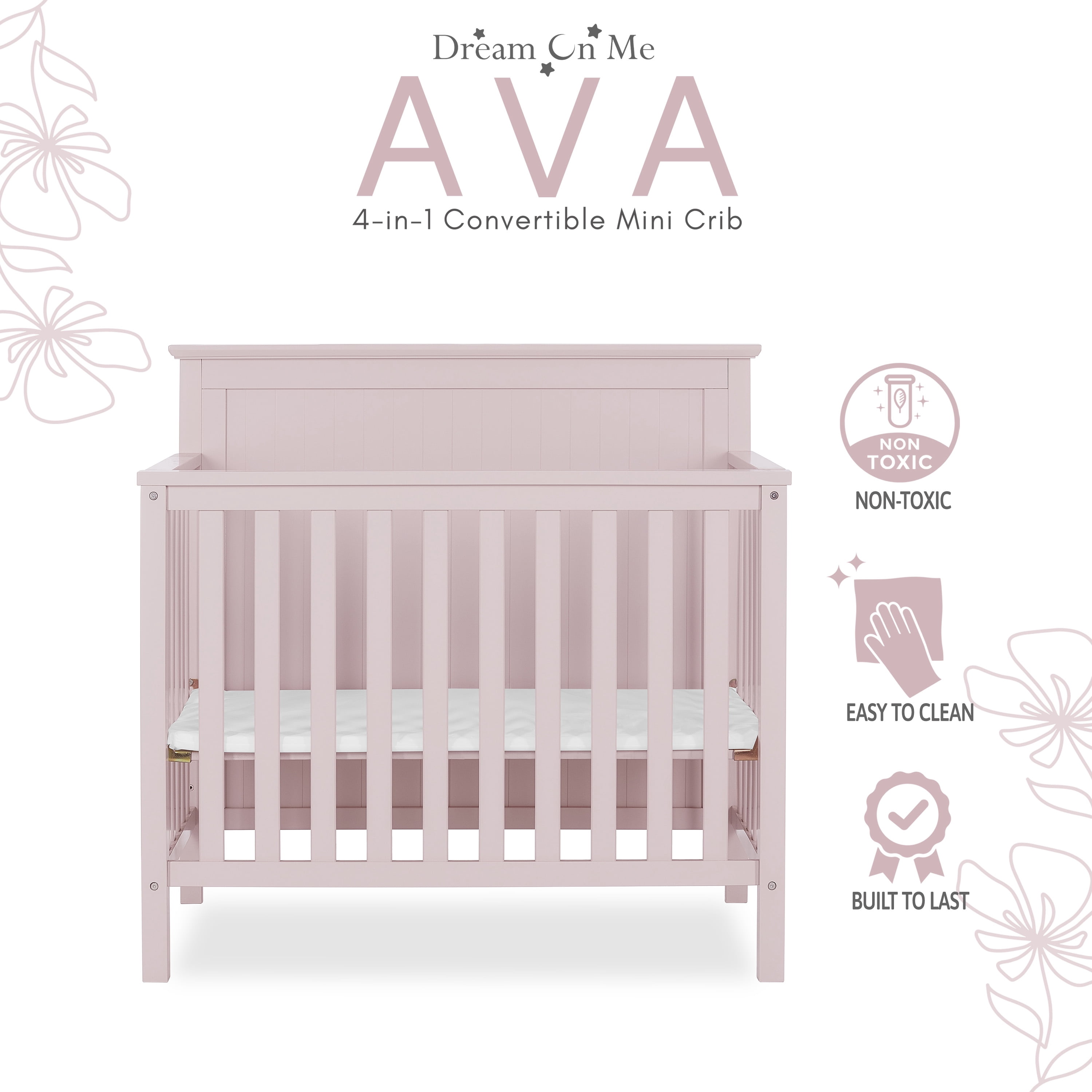 Dream On Me Ava 4-in-1 Convertible Mini Crib, Blush Pink