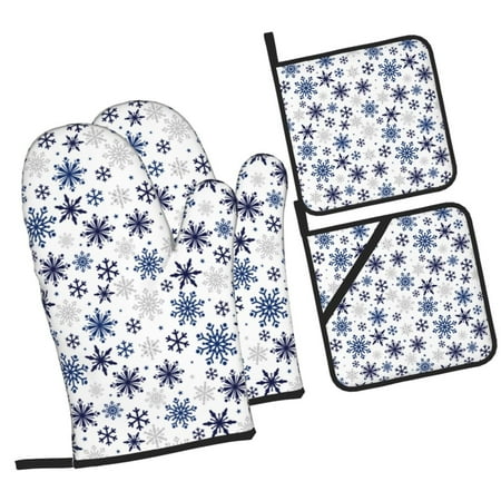 

Daiia blue Snowflake Prints Pattern Oven Mitts and Pot Holders 4 pcs Set High Heat Resistant 500 Degree Extra Thicken Long Kitchen Cotton Oven Glove