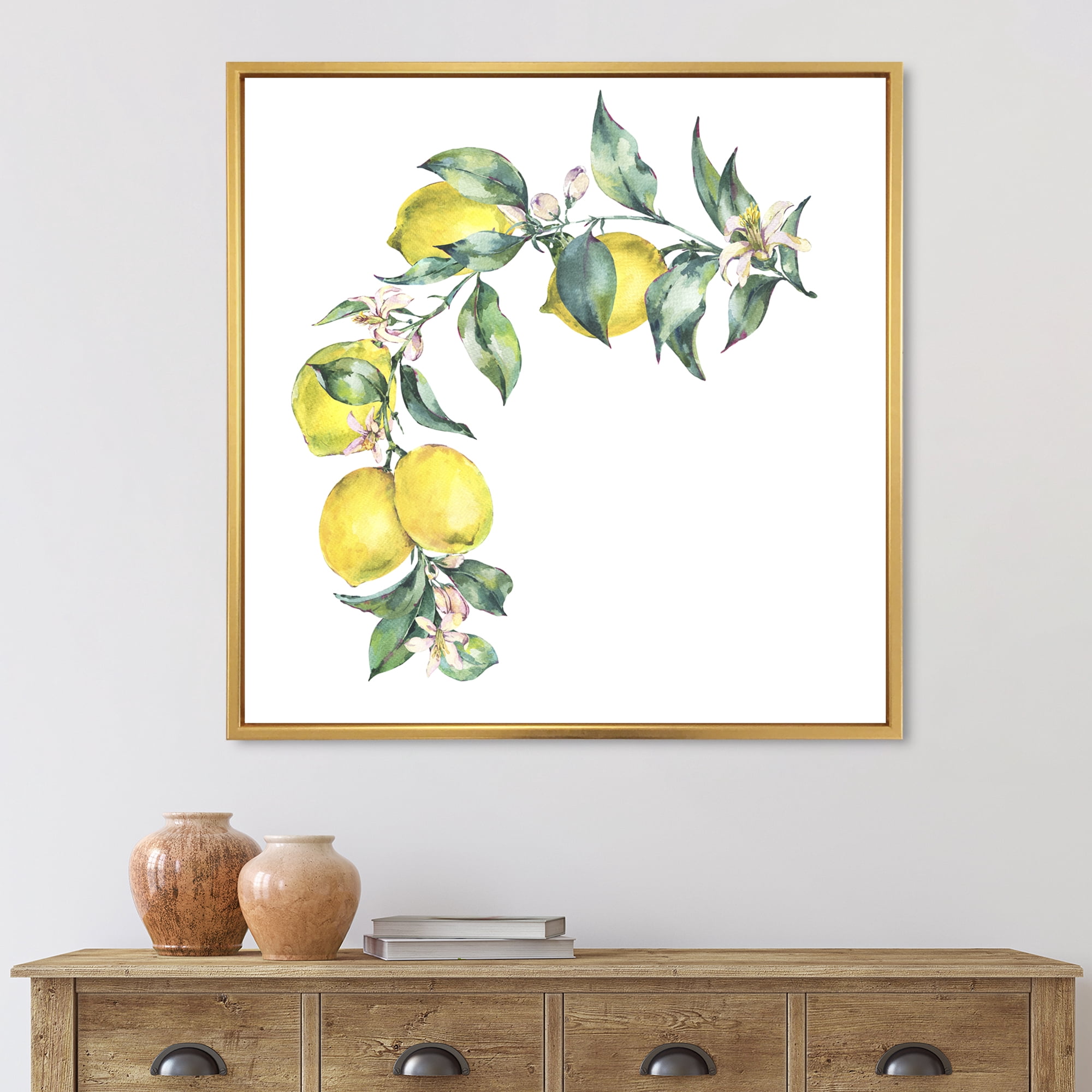 Designart 'Branch of Leaves and Yellow Lemons II' Tropical Framed Canvas Wall Art Print