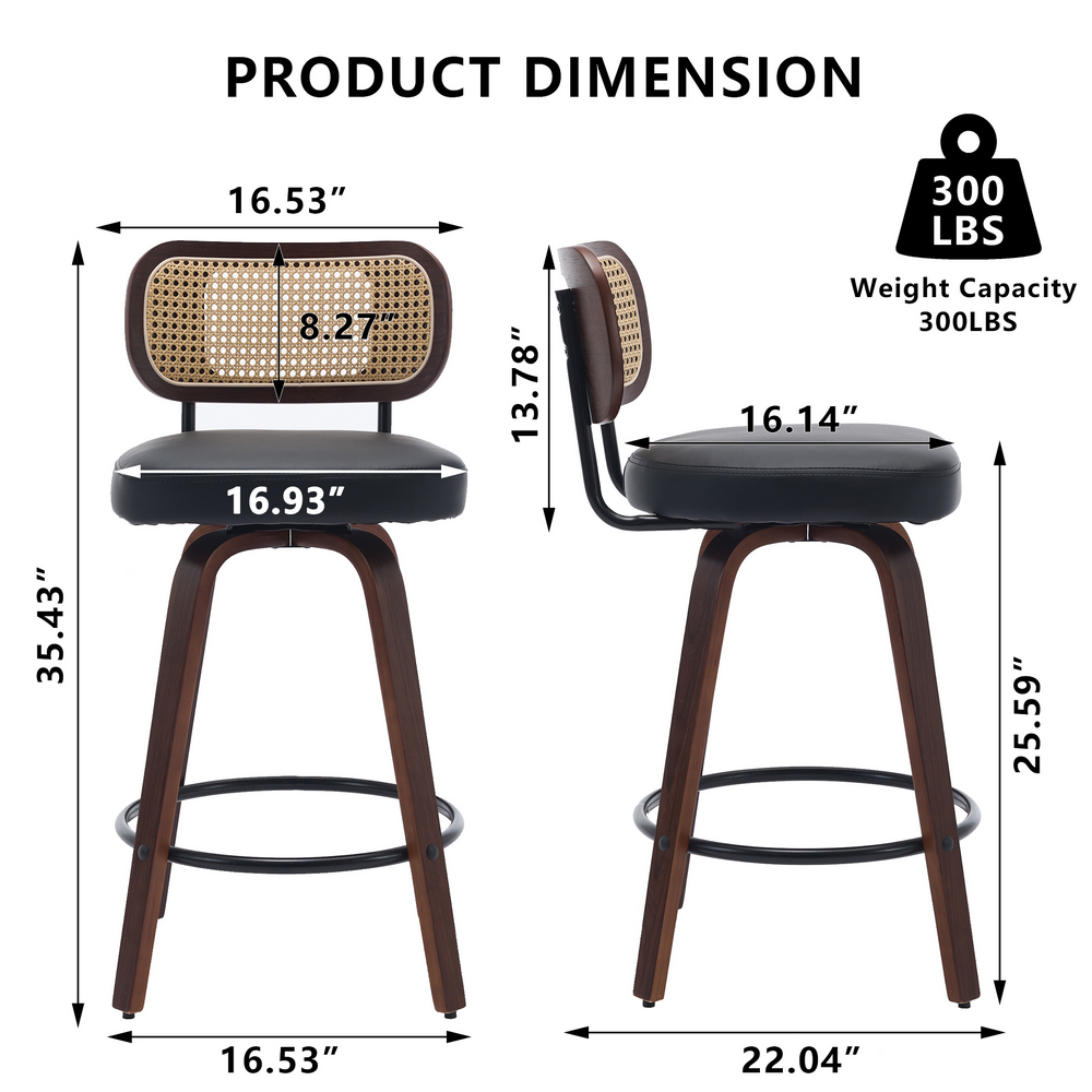 Bocarali 26 in. Swivel Counter Height Bar Stools Set of 3, Faux Leather Upholstered Bar Chairs with Rattan Back, Mid-Century Modern Counter Stools with Walnut Bentwood Leg for Kitchen Island, Black