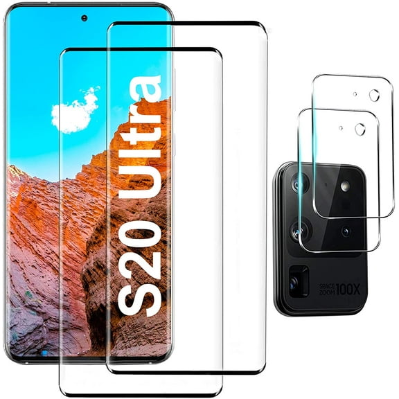 [2 2 Pack] Compatible with Galaxy S20 Ultra 5G Glass screen Protector, 9H tempered glass includes camera lens protector, ultrasonic fingerprint compatible, 3D bending, ultra clear