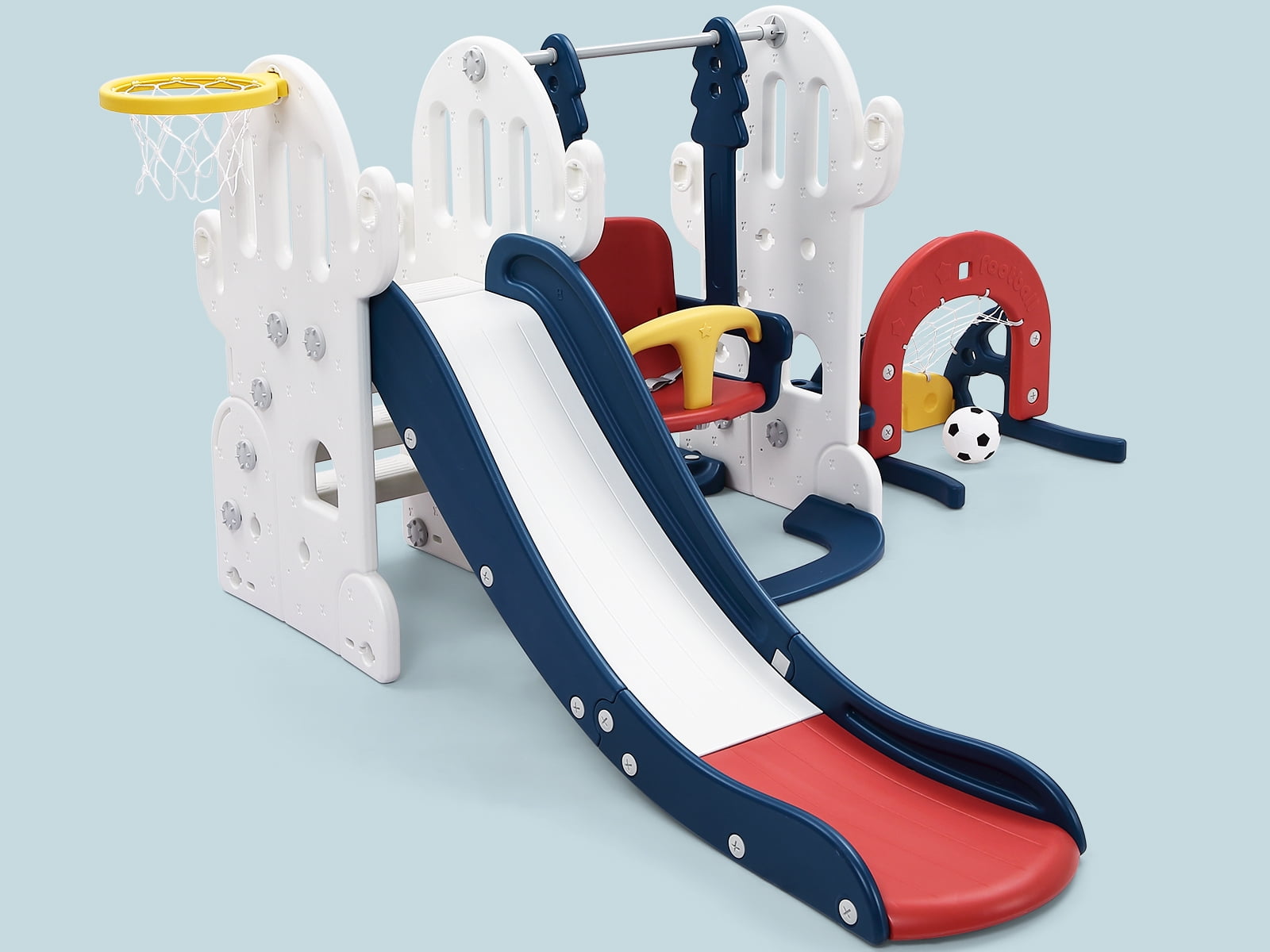 7 in 1 Toddler Slide and Swing Set with Extra Long Slipping Slope Basketball Hoop Soccer Golf Ring Toss Game, Kids Slide with Climber, Indoor Slide Baby Slide for Kid Play Climber Slide Playground