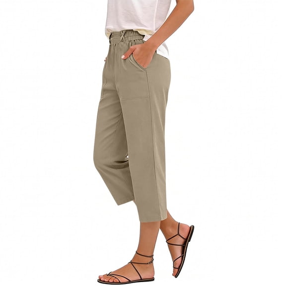 Cutuoiiu Women's Casual Solid Color Ruched Waist Capri Pants With Pockets Cotton Linen Blend Cropped Trousers Gifts