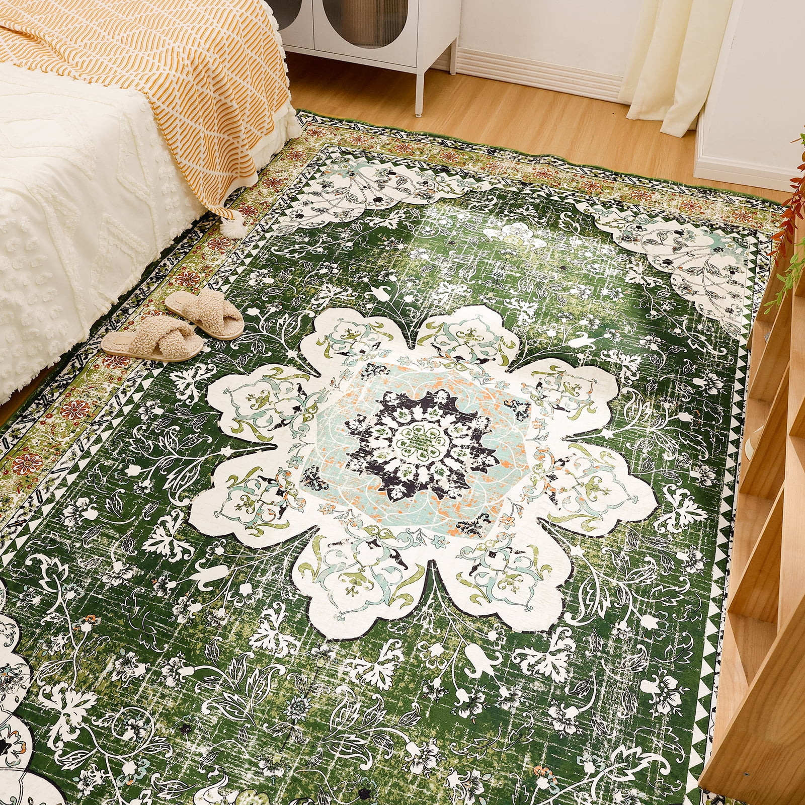 MeyJey Oriental Indoor Living Room Area Rug 5'x8', Non-Slip Machine Washable Vintage Floor Carpet for Bedroom Dining Kitchen Hallway Nursery, Green