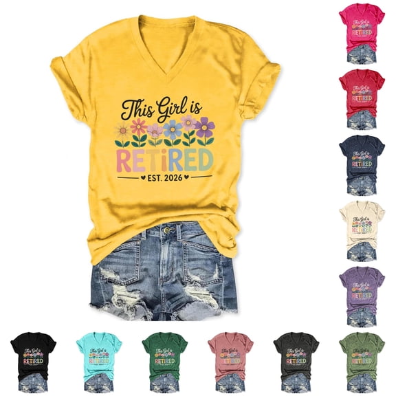 Trendfront Women Retirement T Shirts Short Sleeve V Neck Est 2026 Graphic Tee This Girl Is Retired Funny Quote Printed Gifts for Grandma