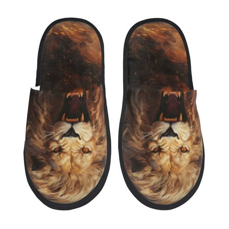 Balery Cool Fire Lion Slient Indoor Furry Fleece Comfort House Shoes Soft Non-Slip Home Shoes Cotton slippers House Slippers-- Large