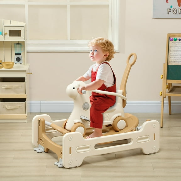 5 in 1 Toddler Rocking Horse Alpaca Design, Button-Activated Noises HDPE/PP with Safety Guardrails Silent Wheels, 66 lbs Capacity Gift for 1-6 Years Old