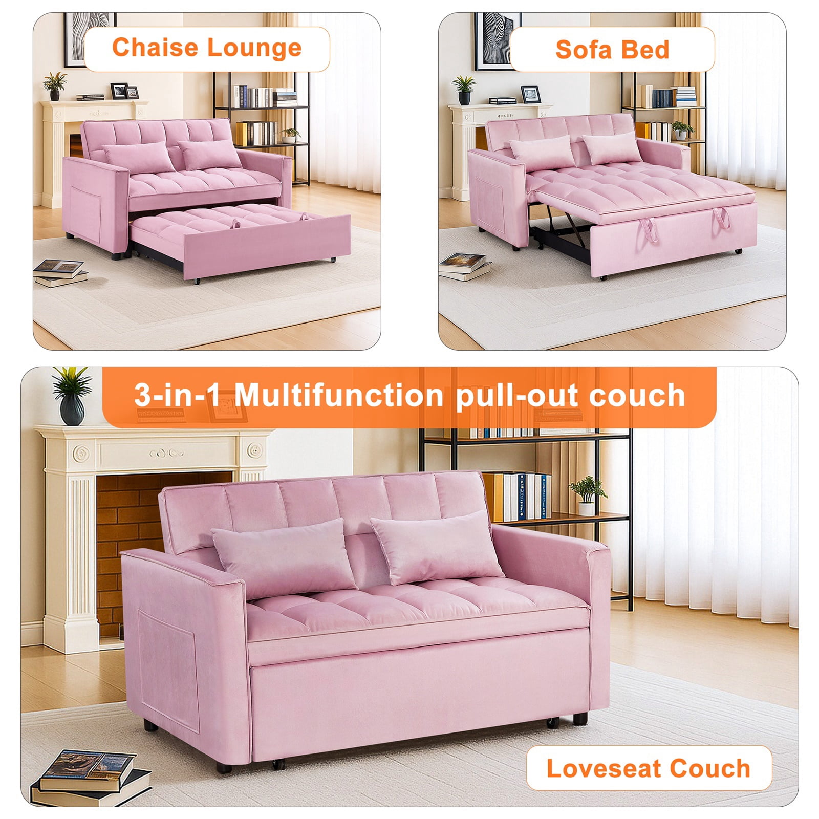Hommoo Modern 3 in 1 Convertible Sleeper Sofa Bed, Pull Out Loveseat Couch Futon Sofa Bed with 3-Level Adjustable Back, Pink
