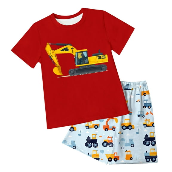 Little Boy Sleepwear Set Truck T-Shirt Shorts 7-8 Years 8-9 Years 9-10 Years Organic Cotton Easy Pull On Summer Casual Breathable Lightweight (7-8 Years,Red)