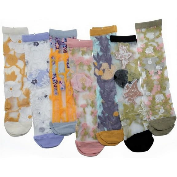 Sheer Socks for Womens,Summer Transparent Floral Lace Mesh Socks,Glass Silk Elastic See Through Sock