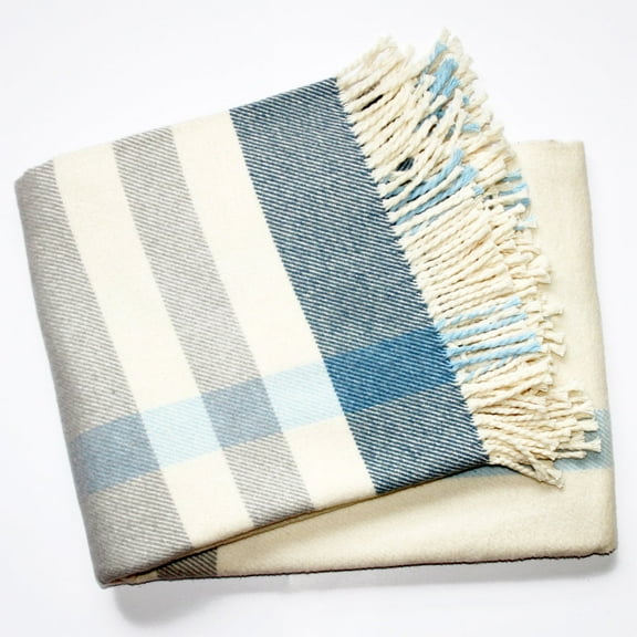 Plush Multi Blue Plaid Throw Blanket with Tassels