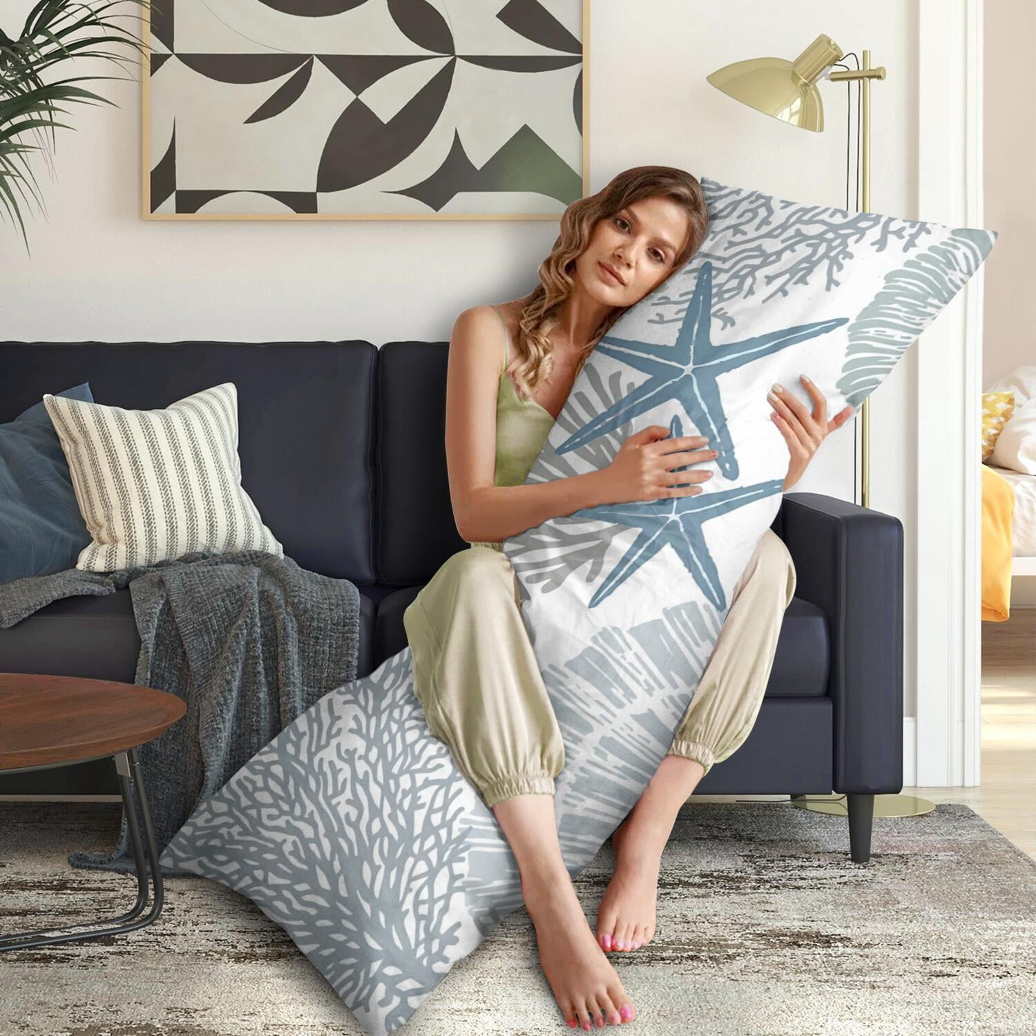 Seaside Themed Body Pillow Cover 20x54 - Full Length Cozy Pillow Case with Hidden Zipper, Stretchy for Sleeping, Maternity - Beach Starfish Tropical Design
