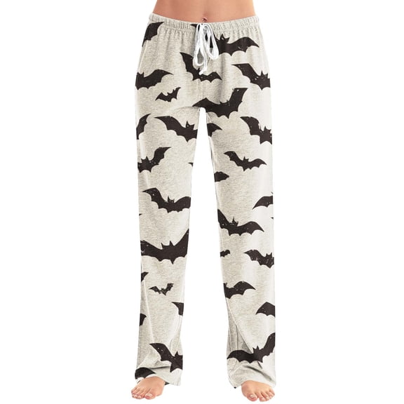 BWASD Pants for Women Halloween Bat Print Wide Leg Pants with Pockets Comfy Baggy Holiday Party Loungewear Casual Loose Soft Pajama Bottoms Home Daily Wear | L Size