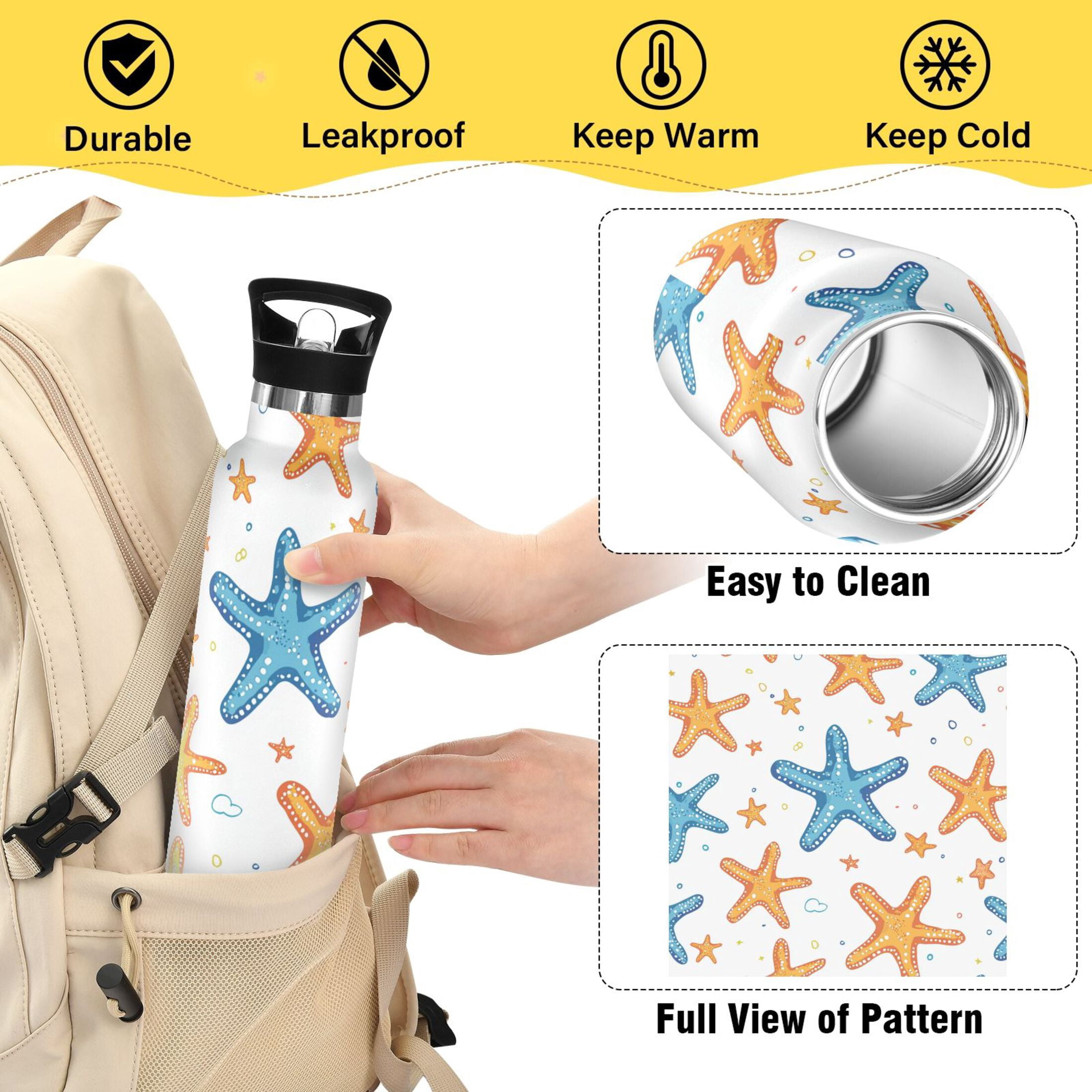 Kids Insulated Stainless Steel Sports Water Bottle 600ml (20oz) Colorful Starfish Pattern