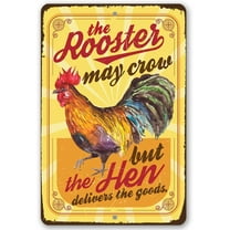 Chicken Coop Sign - The Rooster May Crow - Durable Metal Sign - Use Indoor/Outdoor - Cute and Funny Poultry and Chicken Farm Decor Under $20 (8" x 12")