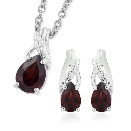 - Pear Garnet Silver Earrings Stainless Steel Chain Pendant Necklace Jewelry Set 20