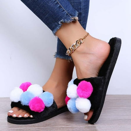 

JNGSA Cotton Slippers Color Fur Ball Slippers Women s Casual Home Flat Flip Flops Hot Pink 40 Clearance
