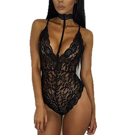Women Sexy Lingerie Bodysuit Lace Floral Choker V-Neck Babydoll Underwear Nightwear Sleepwear Black S