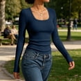 thumbnail image 3 of Tqcoqu Women's Square Neck Ribbed Knit Long Sleeve Crop Top,Slim Fit Stretchy Soft Basic Casual Going Out Tee Shirts,Navy Women's S-XXXL, 3 of 4