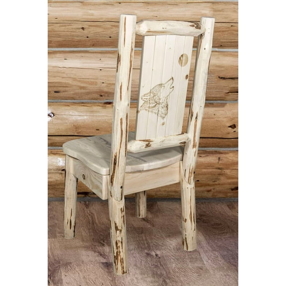 Montana Collection Side Chair w/ Laser Engraved Wolf Design, Clear Lacquer Finish
