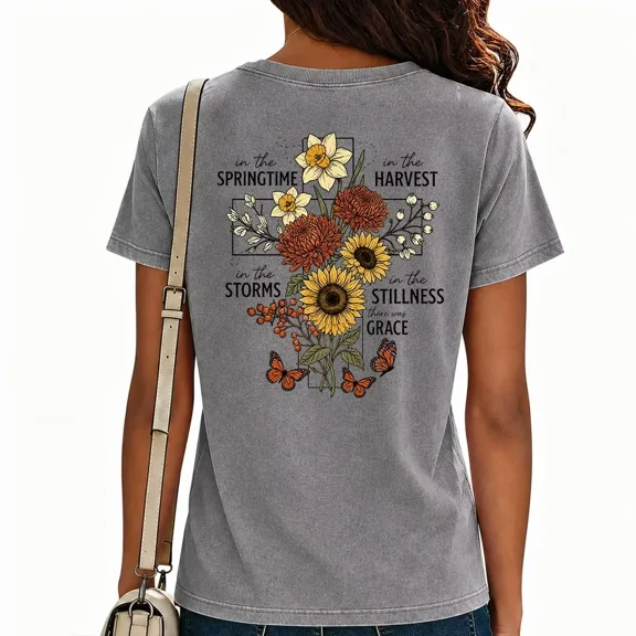 UNISHE Womens Sunflower Cross Graphic Tees Acid Wash Vintage Botanical Print T Shirts Short Sleeve Casual Tops Gray, M