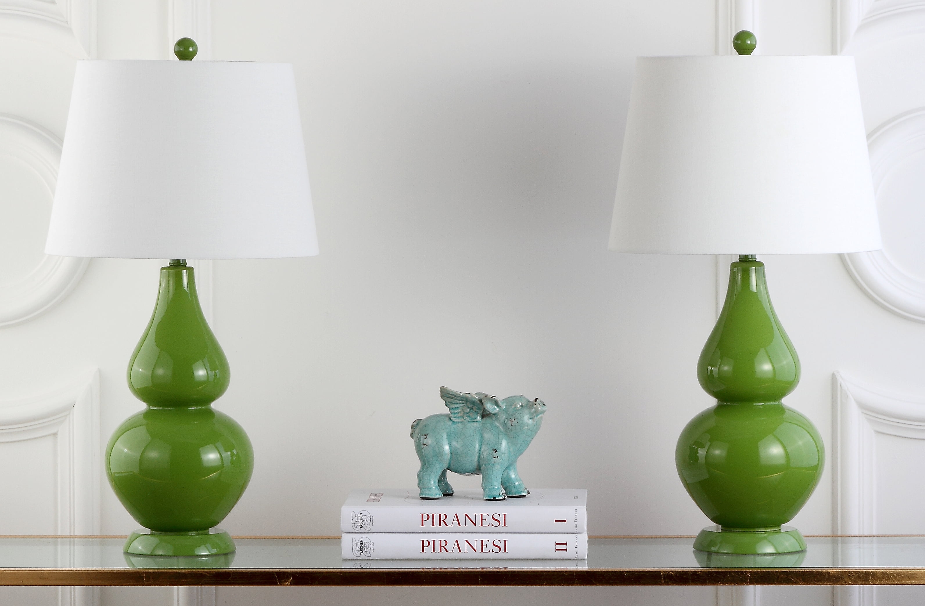 SAFAVIEH Cybil 26 in. Green Glass Table Lamp with Off-White Cotton Shade, Set of 2