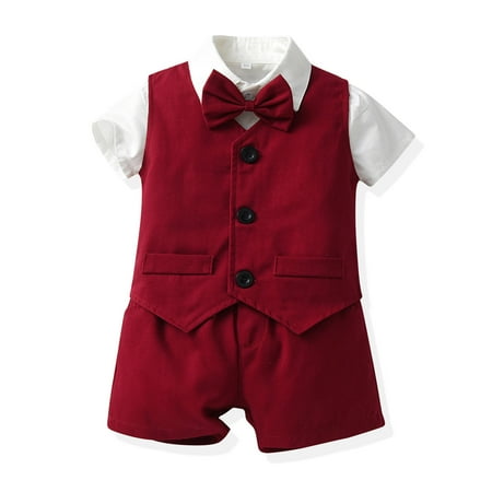 Boys Summer Outfits Toddler Boys Short Sleeve Solid Shirt with Vest and Shorts 3 Piece Set Boys Clothing Sets Red 4-5 Years