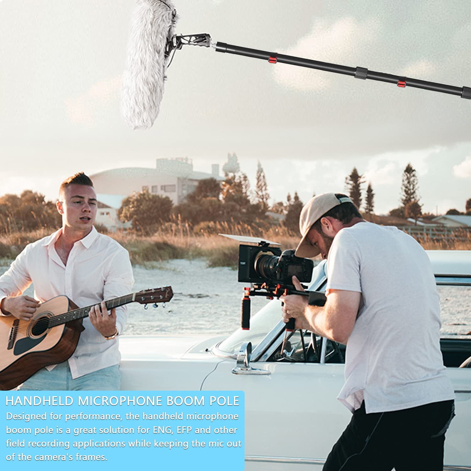 Portable Handheld Boom Pole for Shotgun Mic, 3-Section Extendable Microphone Arm for Filming with 3/8" and 5/8" Threads