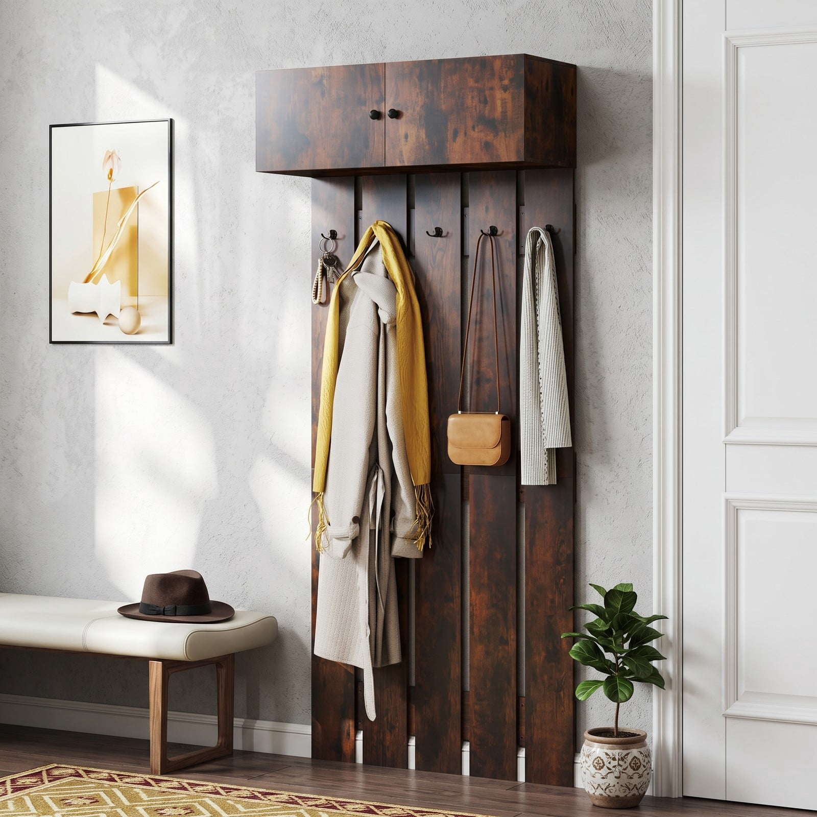 Furnibear Wall Mounted Coat Rack with Upper Storage Cabinet and 5 Metal Hooks for Entryway Kitchen and Living Room, Rustic Brown