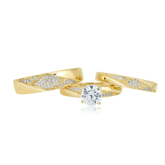 AVORA 10K Yellow Gold 1.25 Carat  Simulated Diamond CZ  Engagement Wedding Band Trio Ring Set