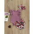 thumbnail image 2 of Baby Girl Sleeveless Ribbed Romper Top + Floral Print Bow Shorts + Headband 3 Piece Summer Casual Outfits Set, 2 of 8