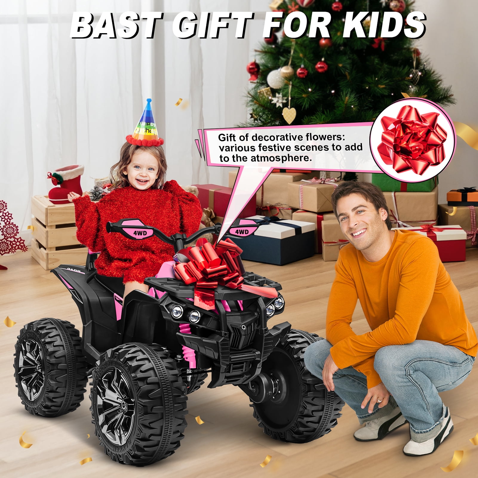 800W Dirt Quad w/ Remote Control - 24V Powered Ride on ATV, Electric Powerful 4-Wheeler for Big Kids, Up to 5.5 mph, Knee Pads, Pink